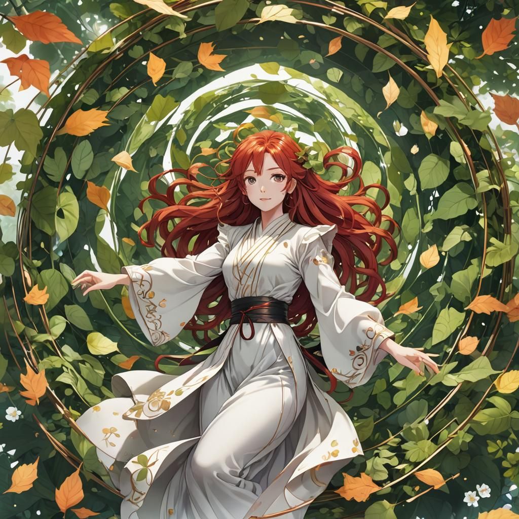 Red-Haired Goddess in Autumn Leaves, Anime Style