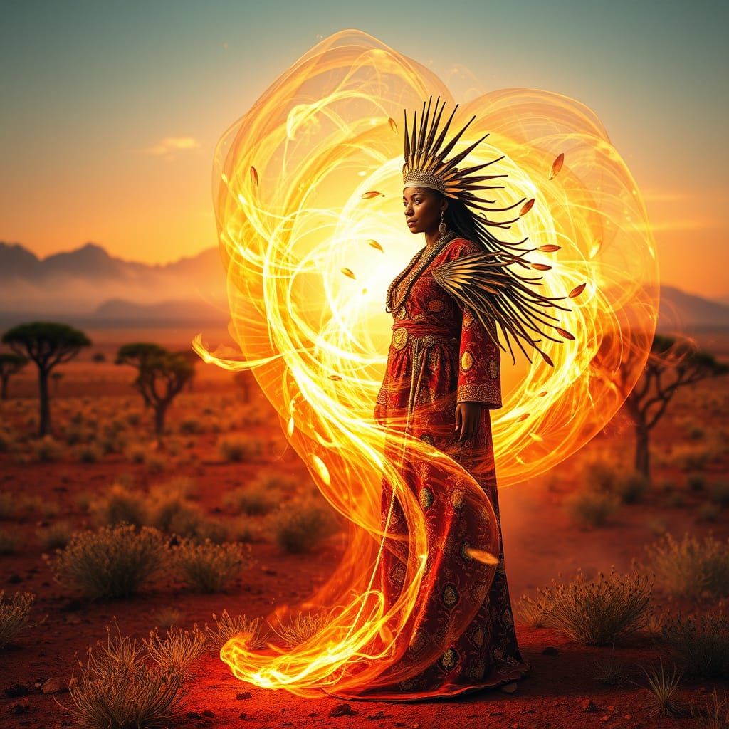 African Witch in Vibrant Robes Surrounded by Iridescent Ener...