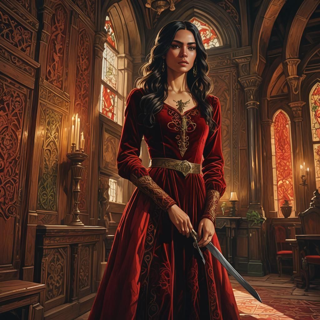 Mysterious Woman with Dagger in Medieval Apartment