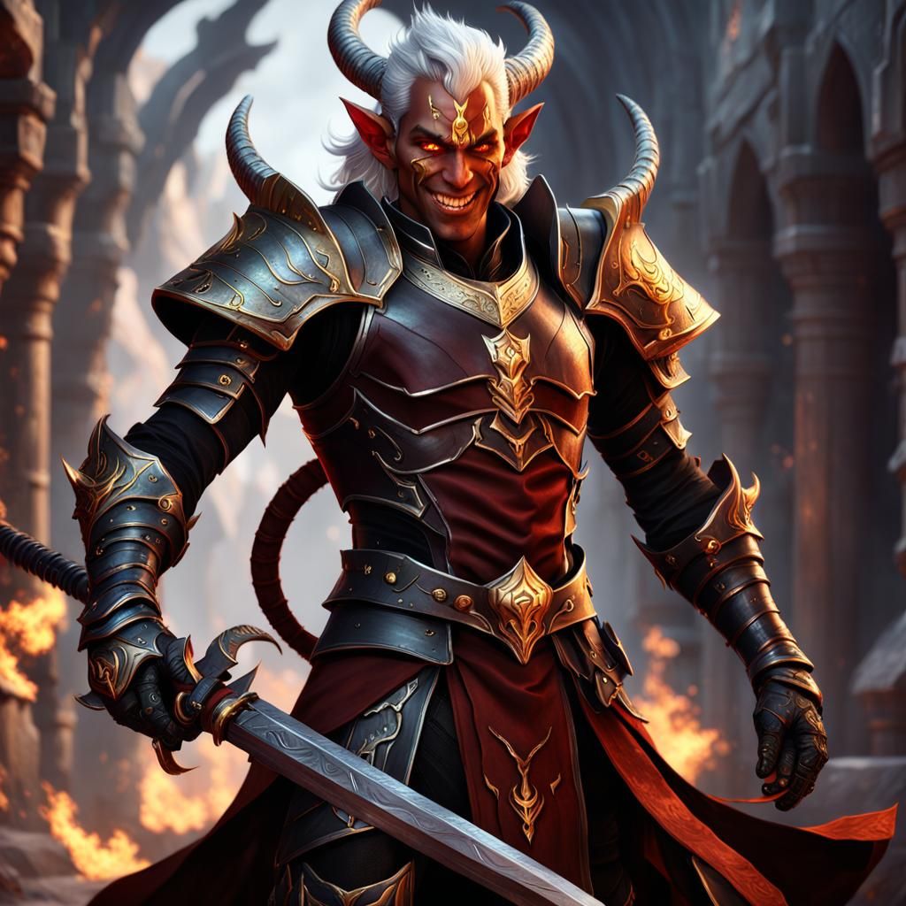 Young Tiefling Warrior with Firewall, Fantasy Concept Art