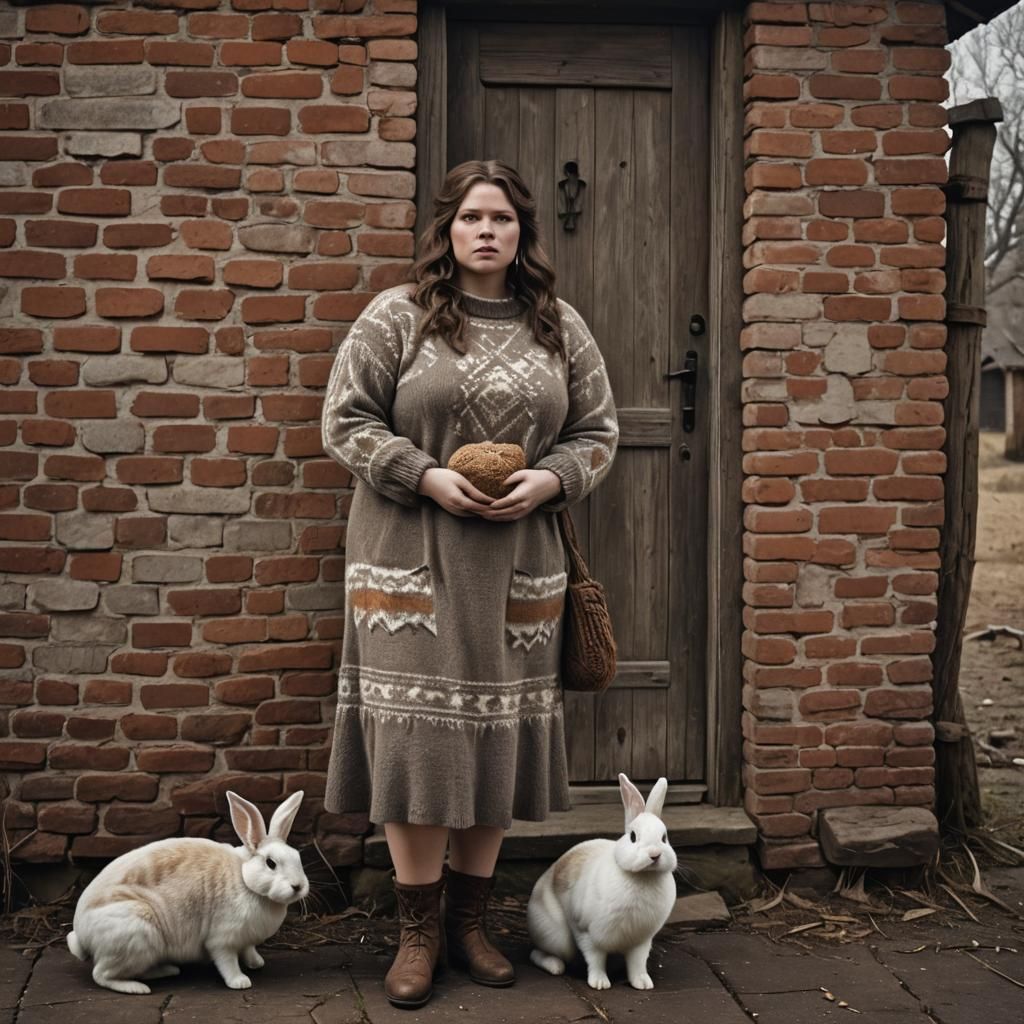 Chubby Cavewoman With Rabbit in Hyperrealistic Style