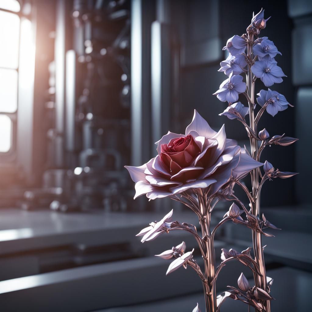 Metallic Delphiniums and Rose in Sci-Fi Render
