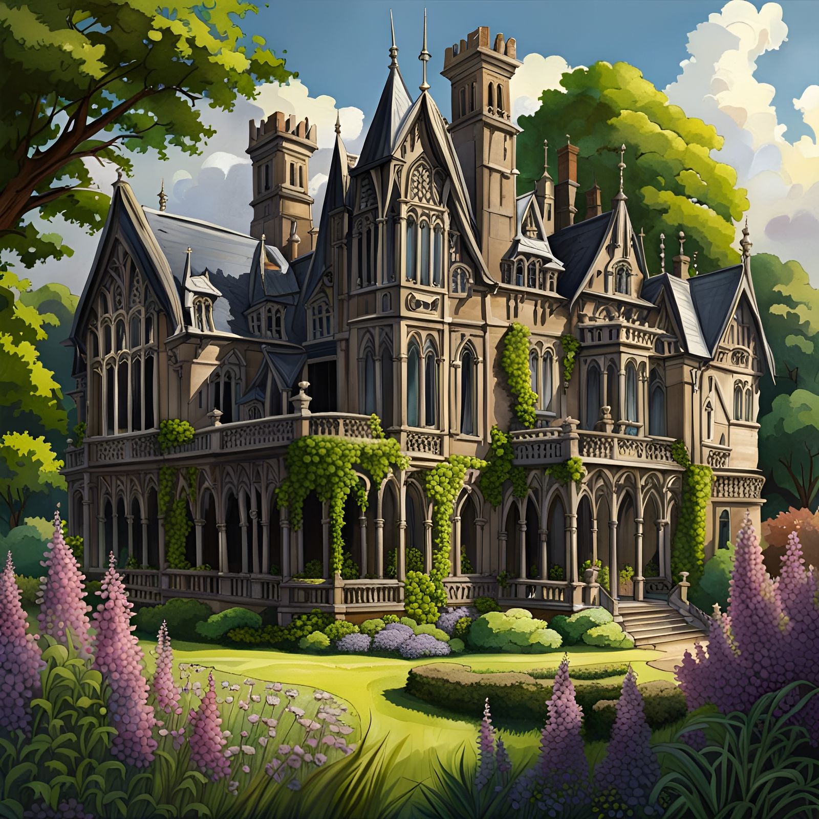 Gothic Mansion in Summer With Intricate Detail