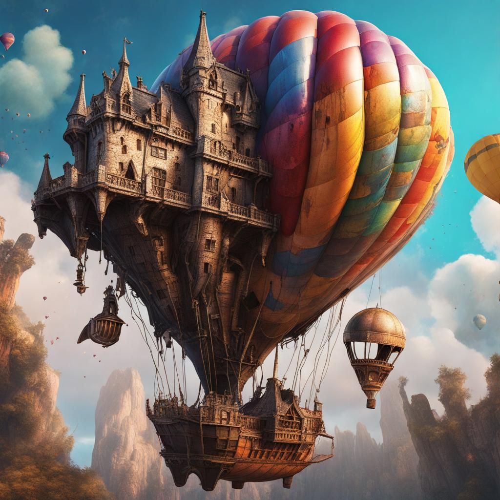 Castle Spaceship and Hot Air Balloon, Hyperrealistic Art