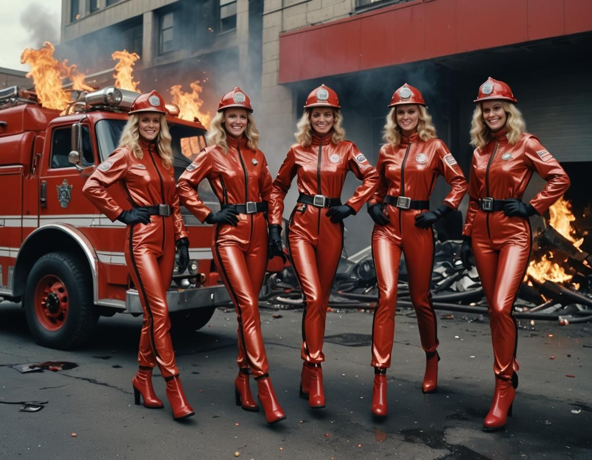 Hyper realistic mode, 1980's, five pretty smiling blondes fr...