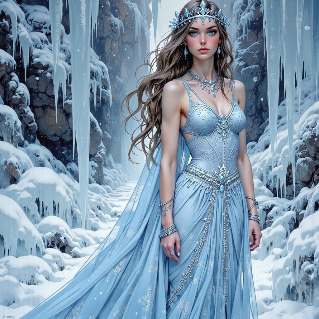 Icy Queen in Winter Landscape, Dreamy Illustration
