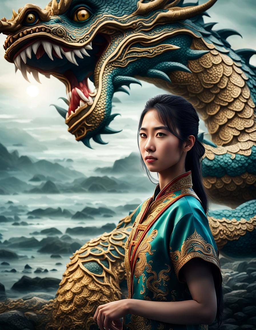 Asian Woman and Dragon by the Sea