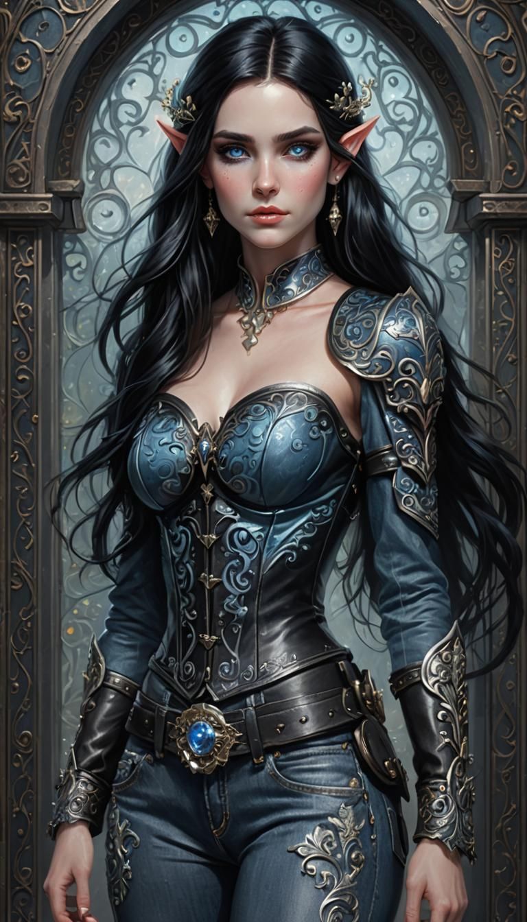 Elven Woman with Glowing Eyes in Leather Bustier