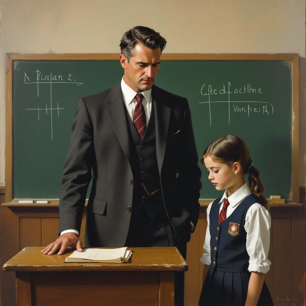 Stern Teacher & Student in Realistic Classroom