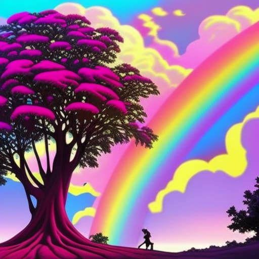 Pink Candy Tree Under Rainbow, Gothic Oil Painting