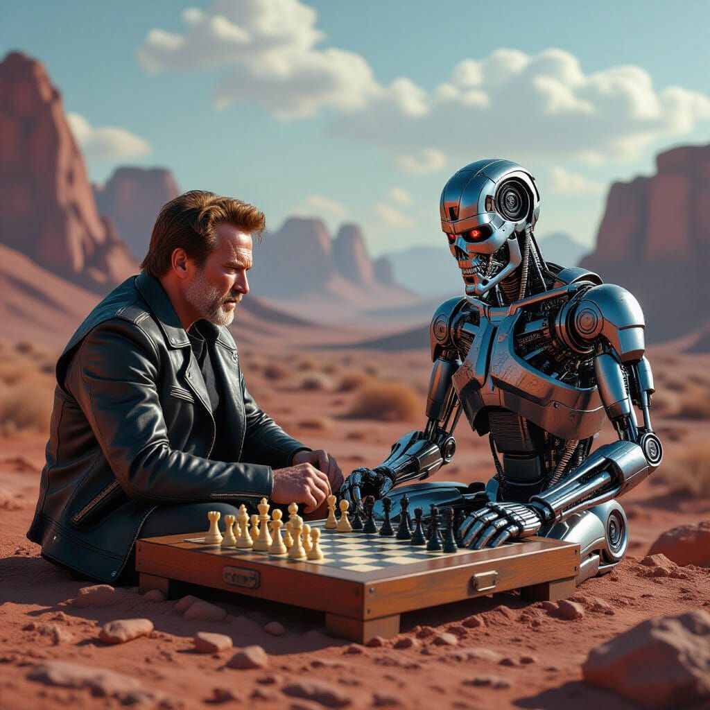 Arnold Schwarzenegger and Terminator Play Chess