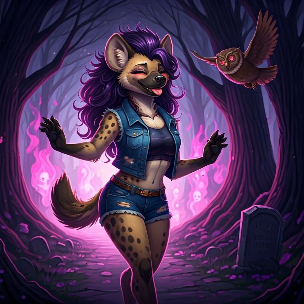 Hyena Swordsman in Cemetery, Whimsical Art Style