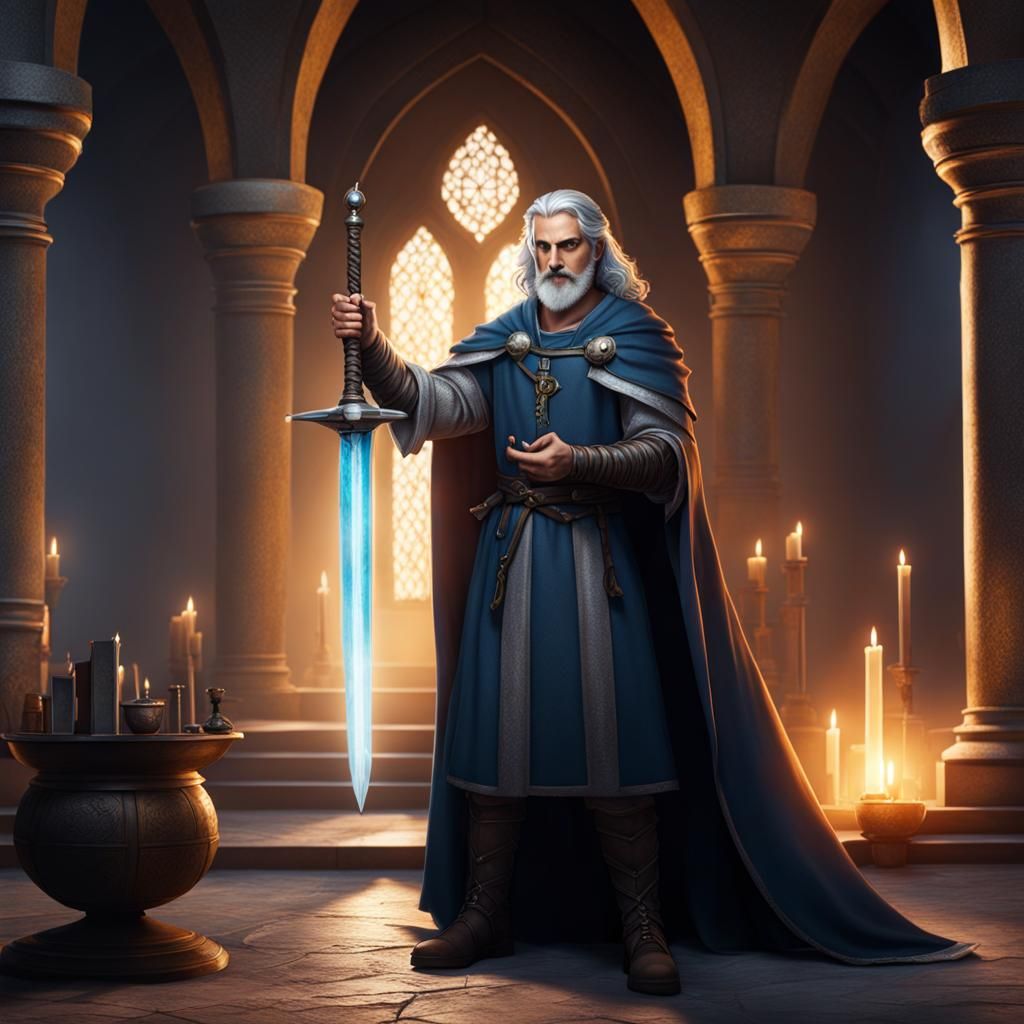 Medieval Cleric Casting Healing Spells With Sword