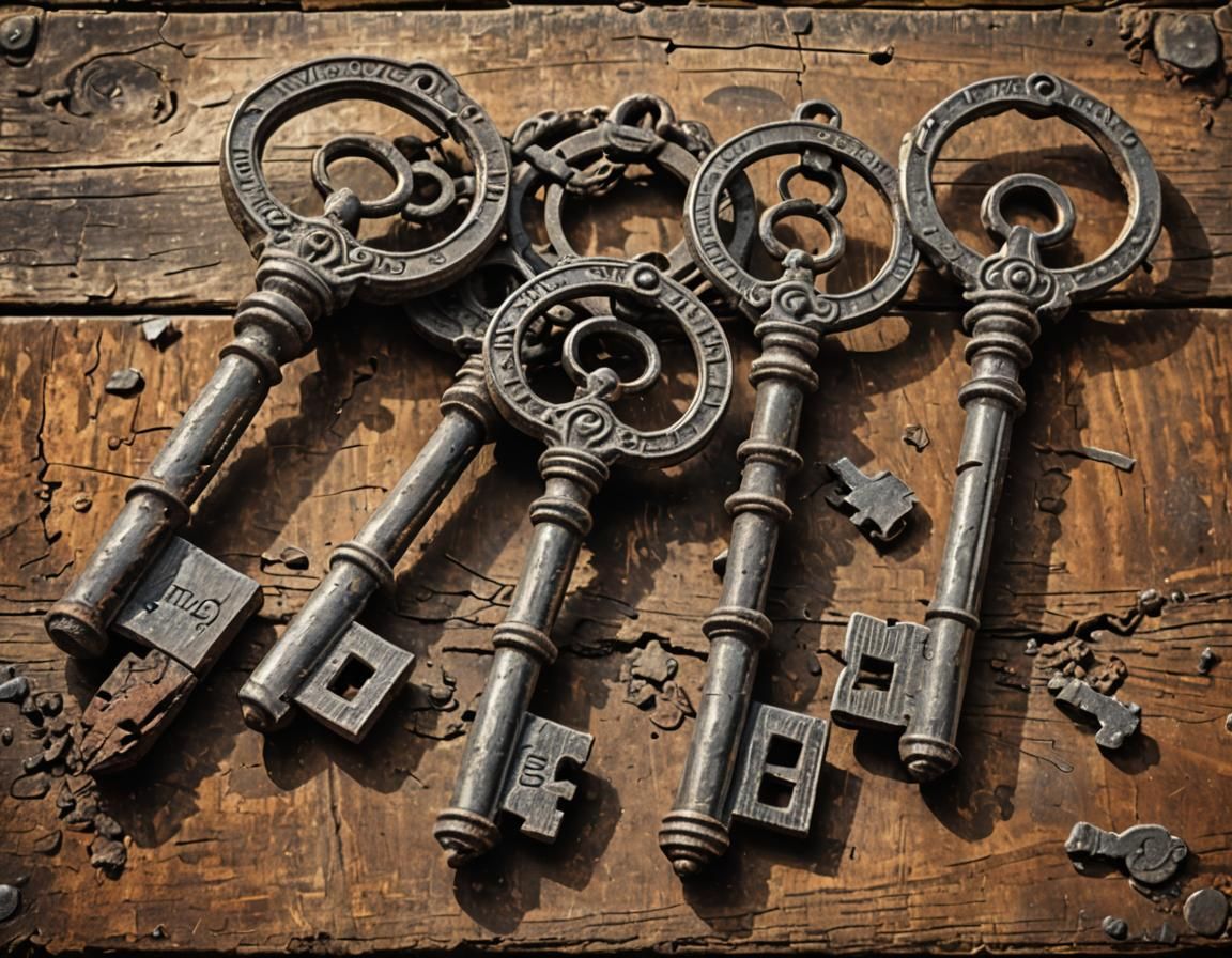 Rusty Ancient Keys on Distressed Wood