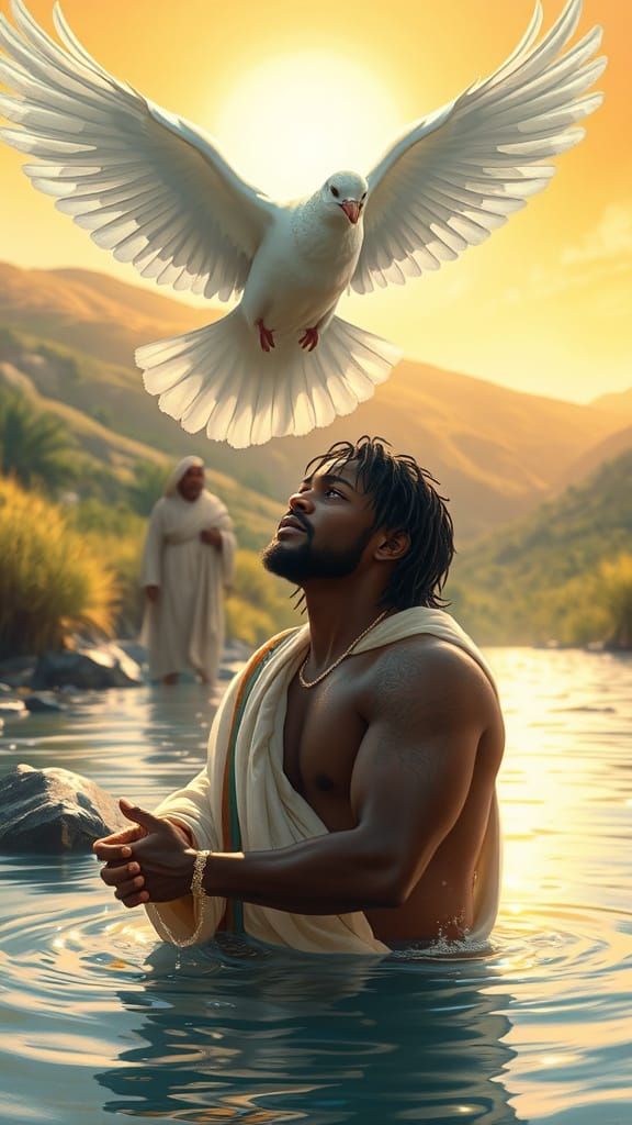 Majestic Dove Hovers Above Baptized African American Jesus i...