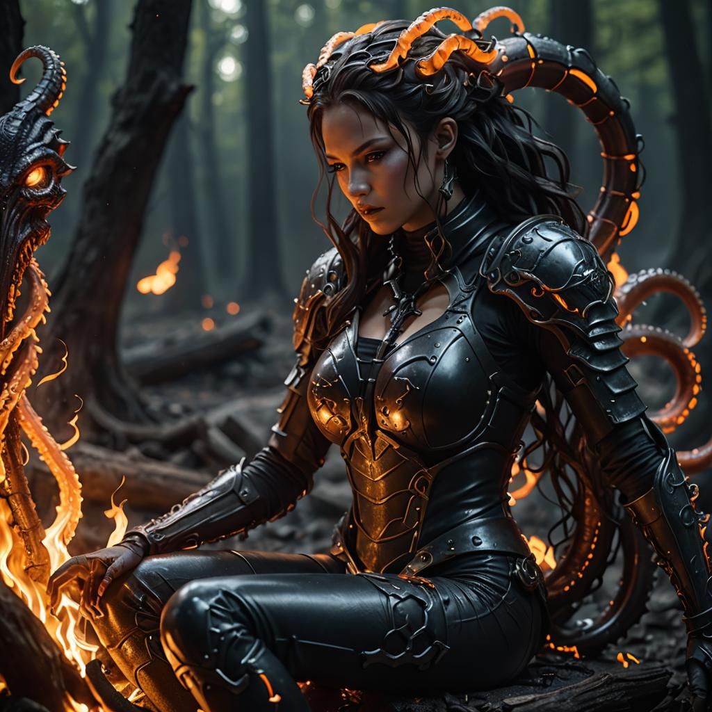 Armored Tentacle Girl Near Campfire in CGI Style