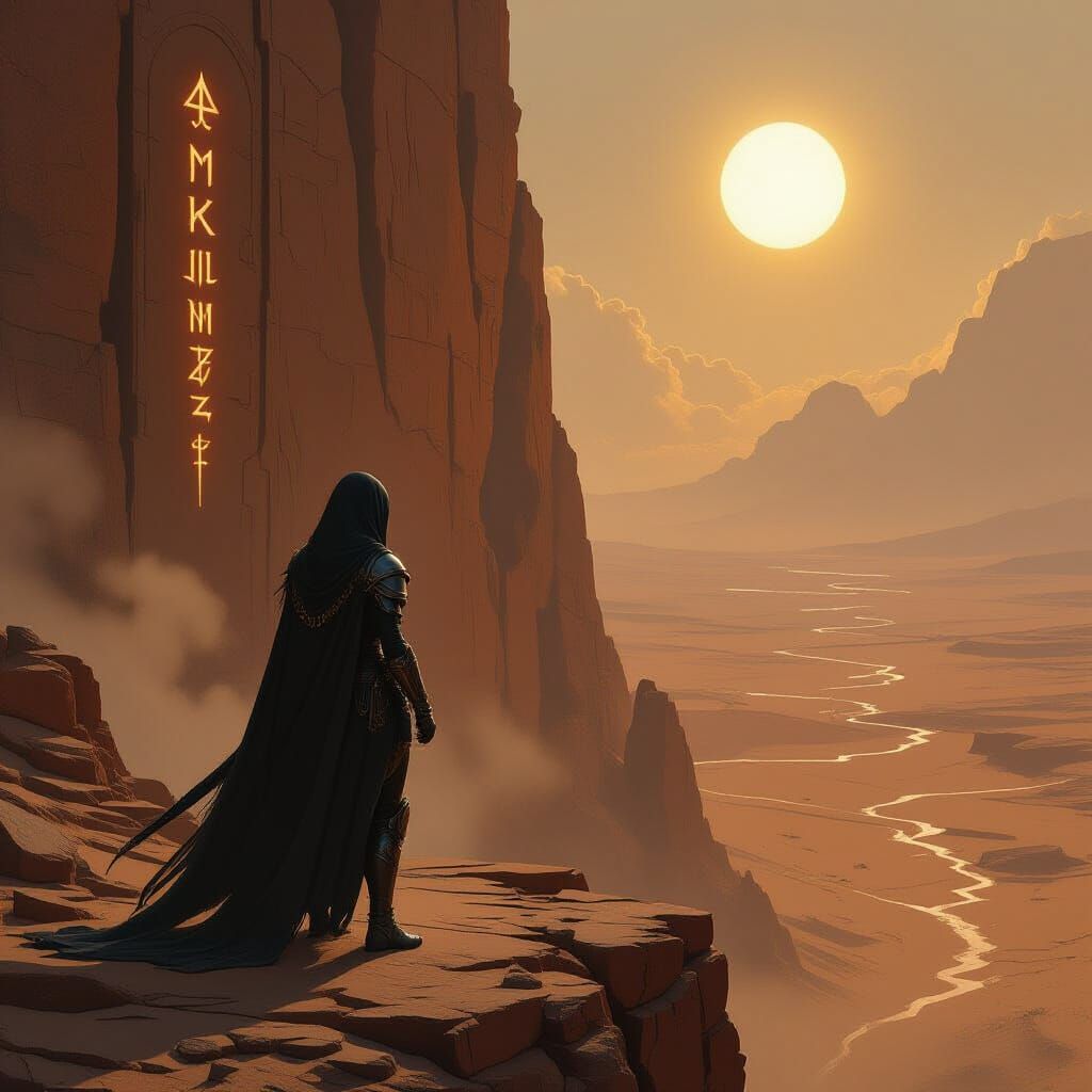 Warrior on Alien Precipice Under Twin Suns