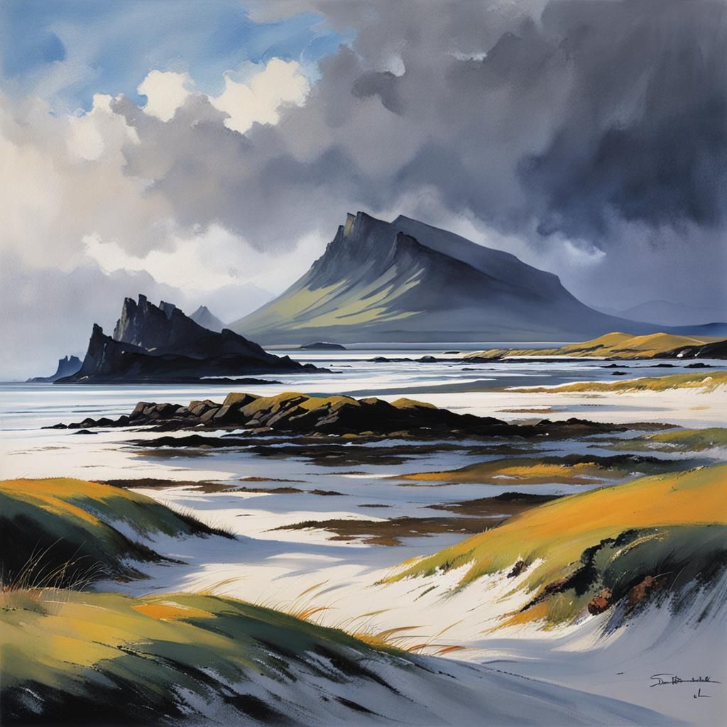 Scottish Hebrides Beach Scene in Watercolor Style
