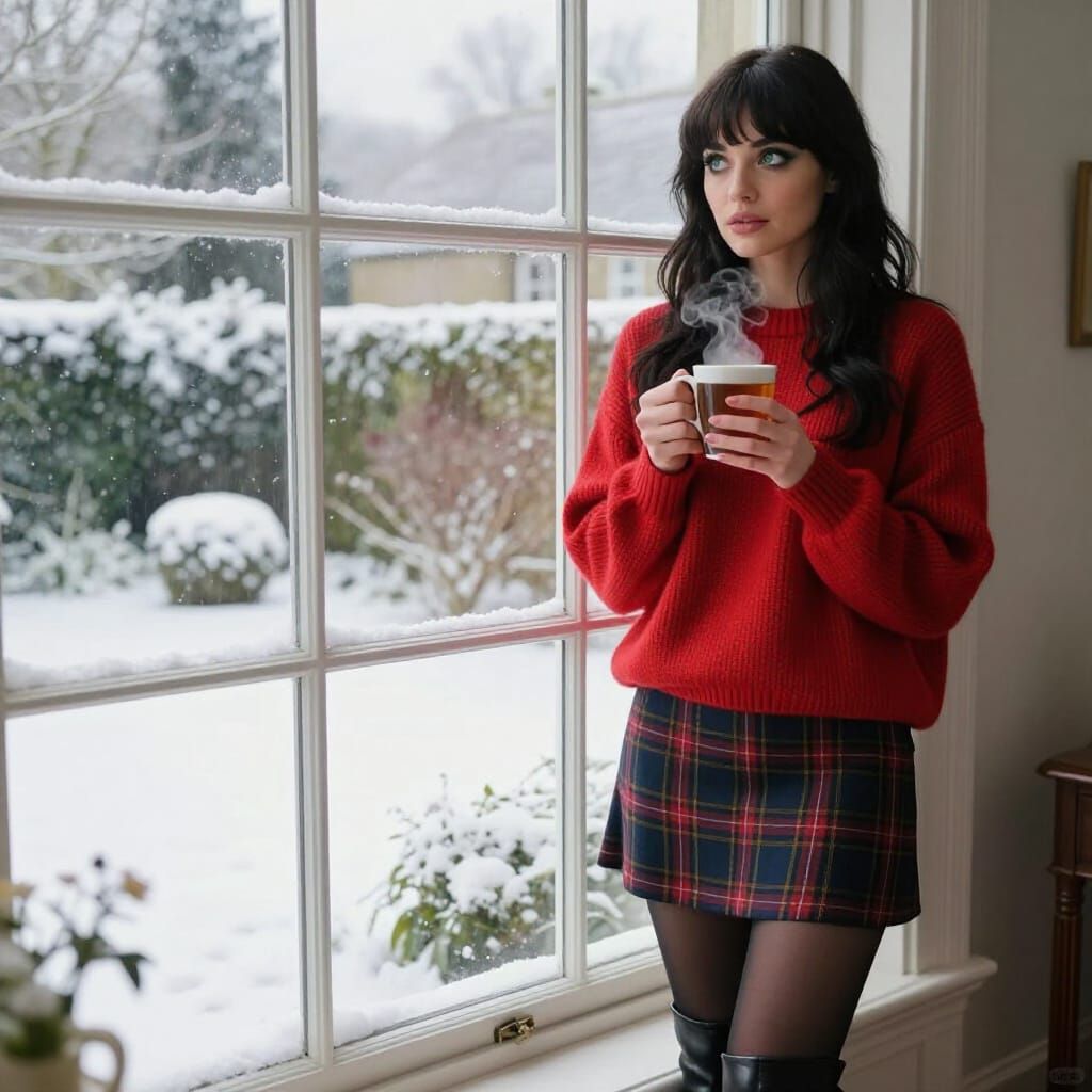 Woman in Plaid Skirt & Red Sweater Gazes at Snowy Garden