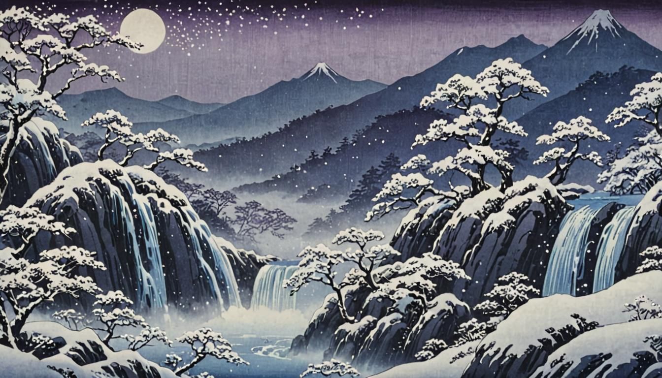 Ukiyo-e Snowy Mountain Nightscape