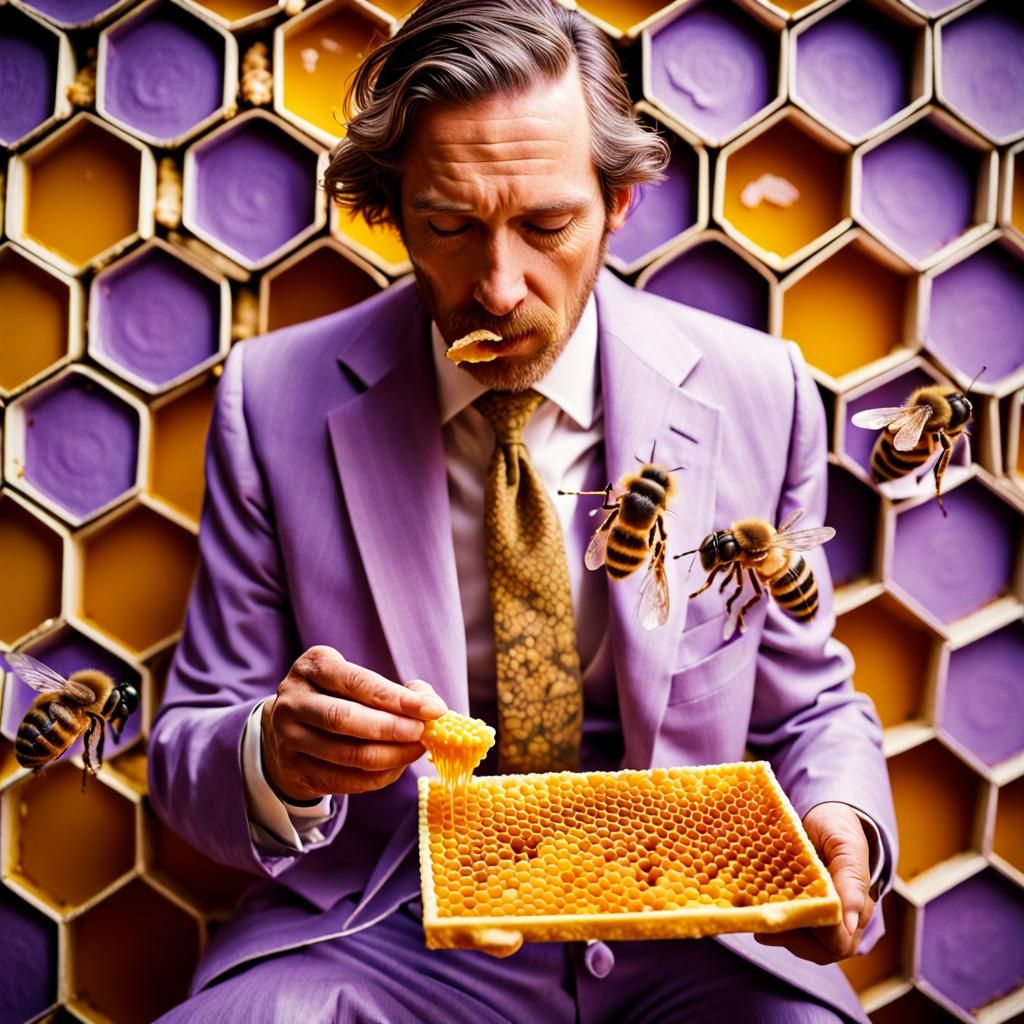 Gentleman in Lilac Suit Enjoys Honeycomb: Hyperrealistic Por...