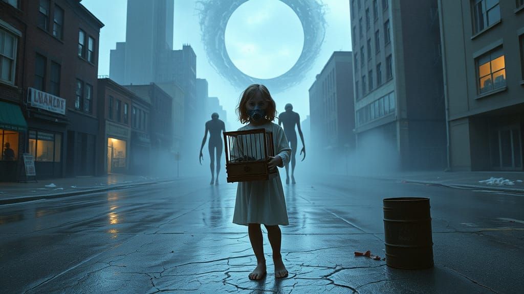 Dystopian Girl with Cage in Collapsing City