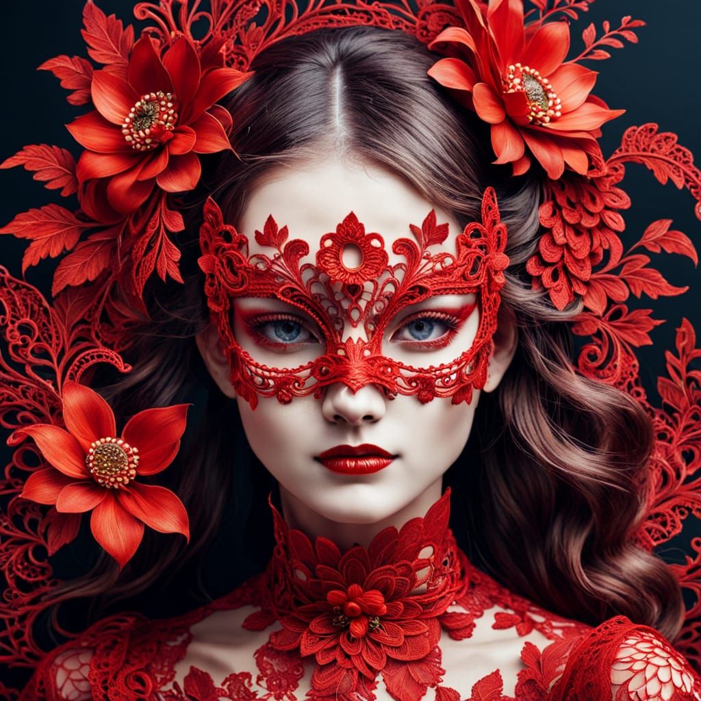 Surreal Red Lace Masked Woman with Floral Details