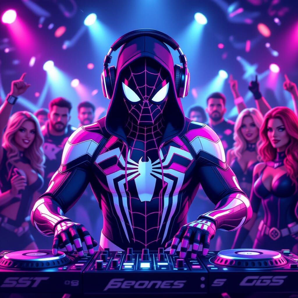Spider-Man DJ at Superhero Rave in Comic Style