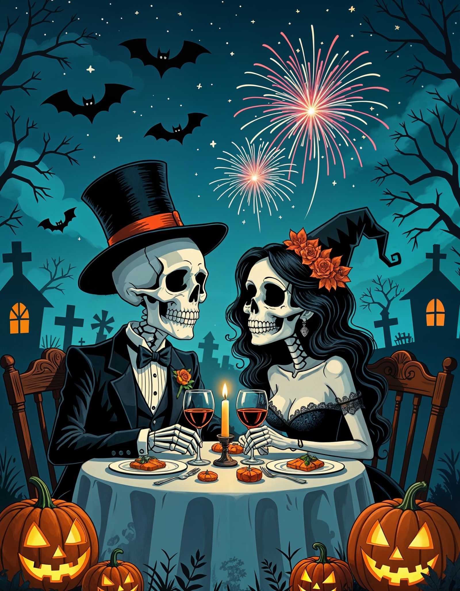Skeleton Couple's Romantic New Year's Eve Dinner in Graveyar...