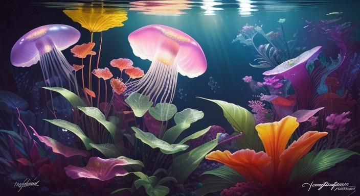 Hyperrealistic Jellyfish and Flowers in Colorful Seas