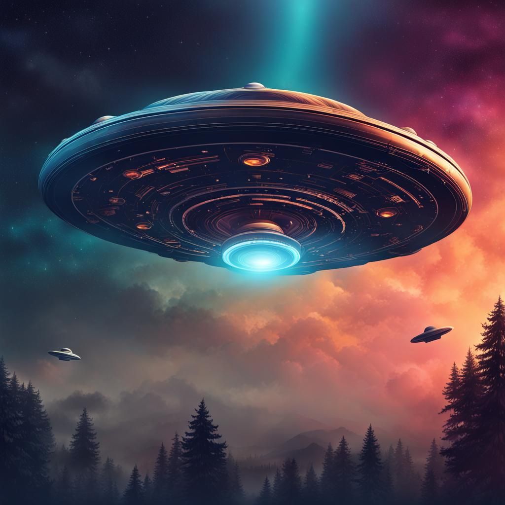 Hyperrealistic UFO in a Colorful Night Sky