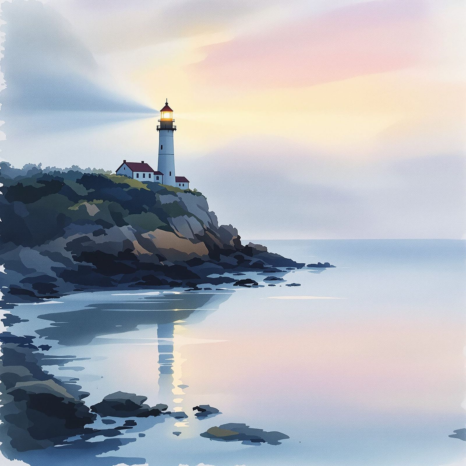Misty Coast Lighthouse Guiding Light in Soft Pastel Dawn