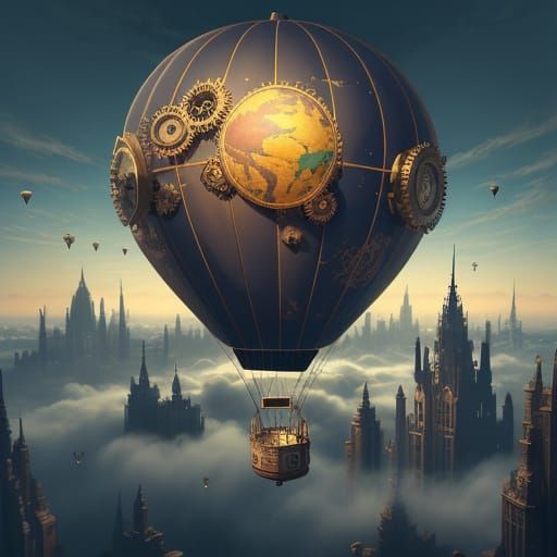 Steampunk Hot Air Balloon Drifts Through Cloudy Skies with F...