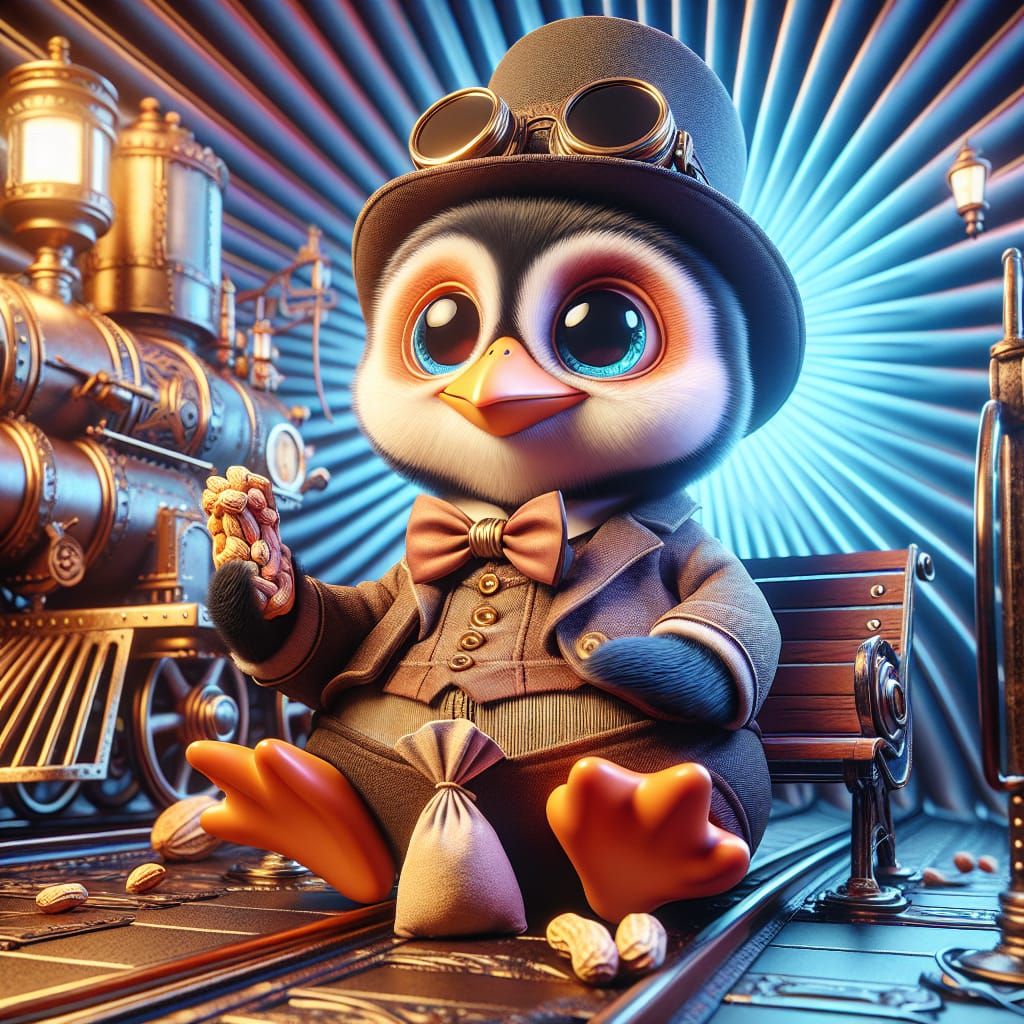 Steampunk Penguin on Train in Chibi Style