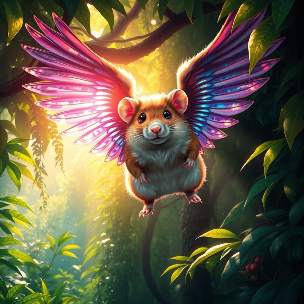 Majestic Winged Hamster Soars Through Vibrant Jungle