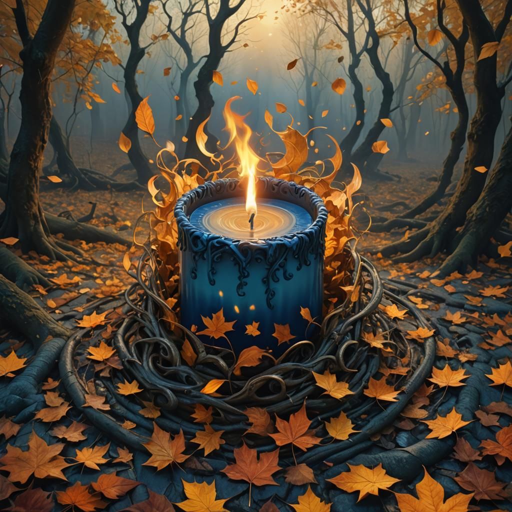 Candle Flame Dances in Autumn Wind, Surreal Digital Art