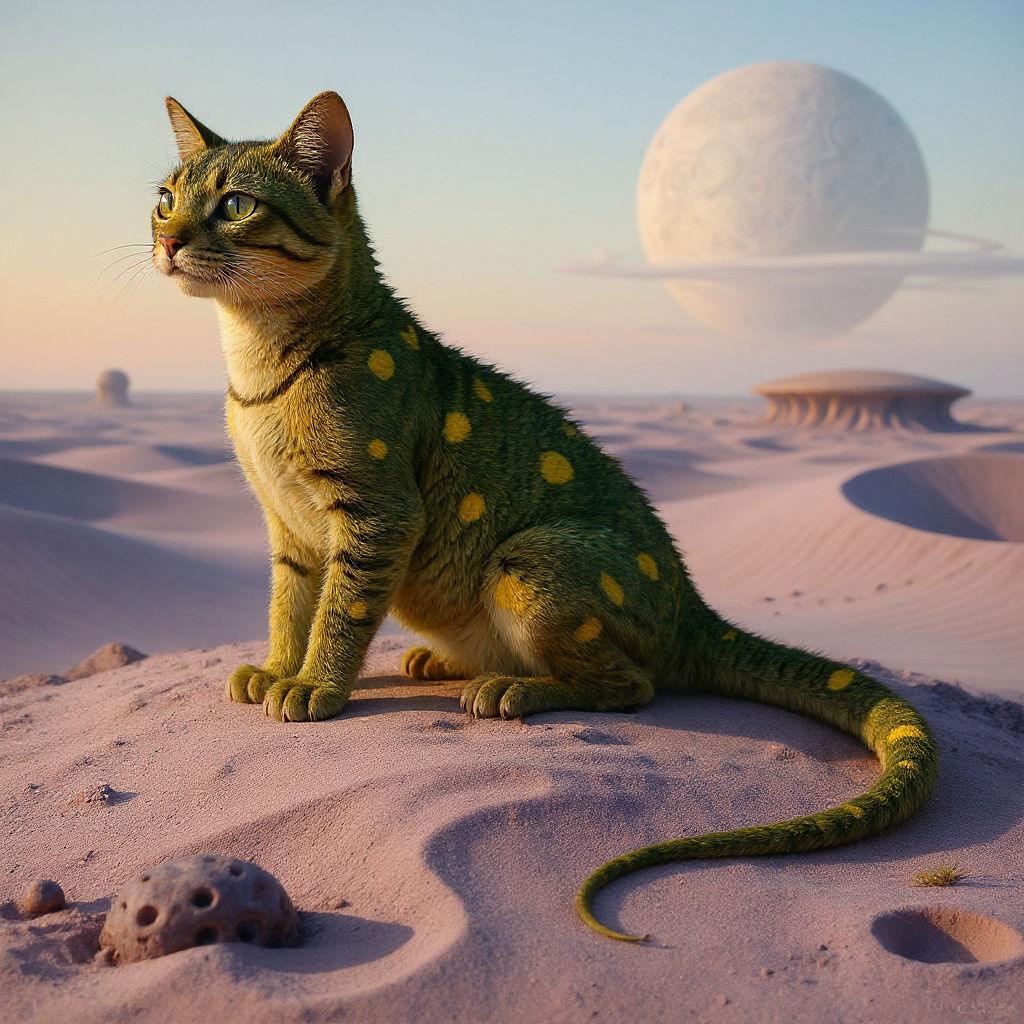 Green Lizard-Cat Hybrid with Blue Eyes on Alien Planet