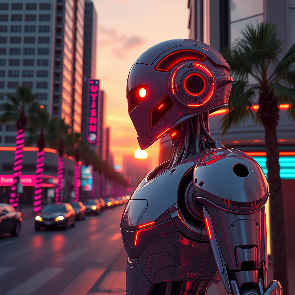 Futuristic Robot Mannequin on Sunset Boulevard in Vaporwave