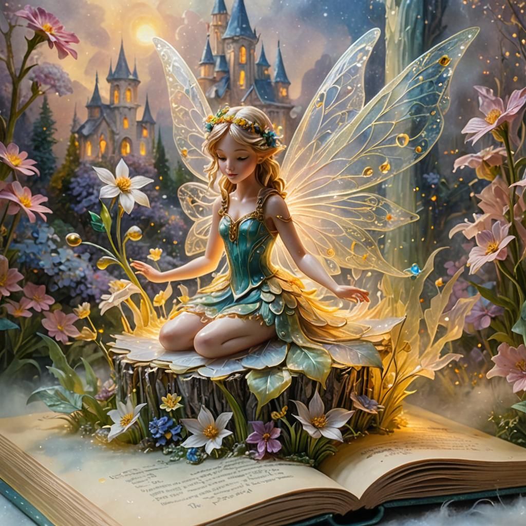 Crystal Fairy in Magical Pop-Up Book, Oil Painting Style
