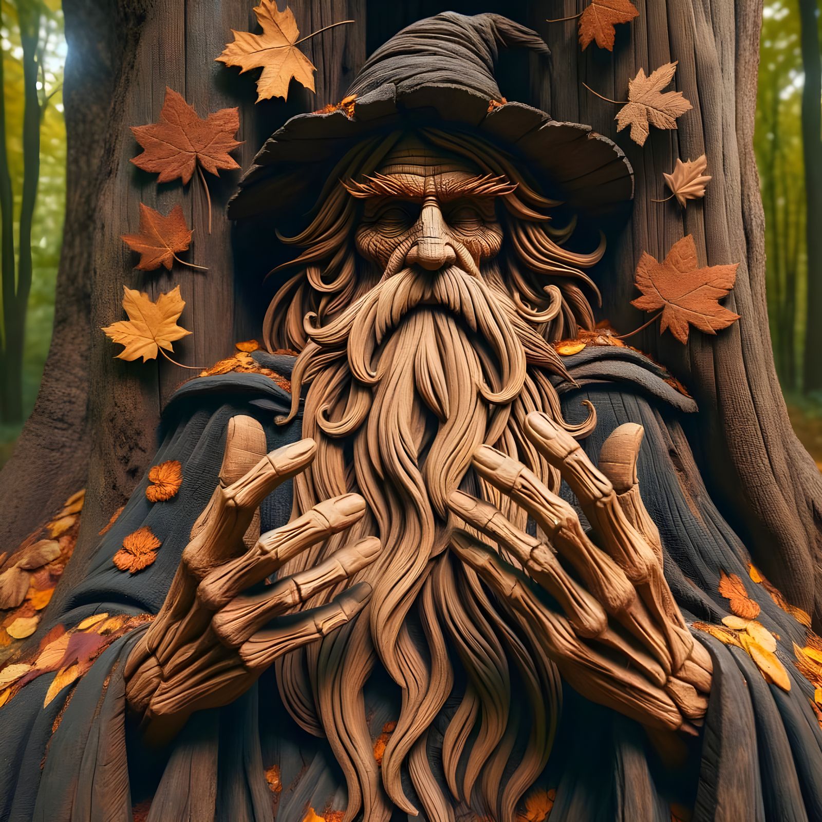 Woodland Wizard Carved from Ancient Autumn Tree