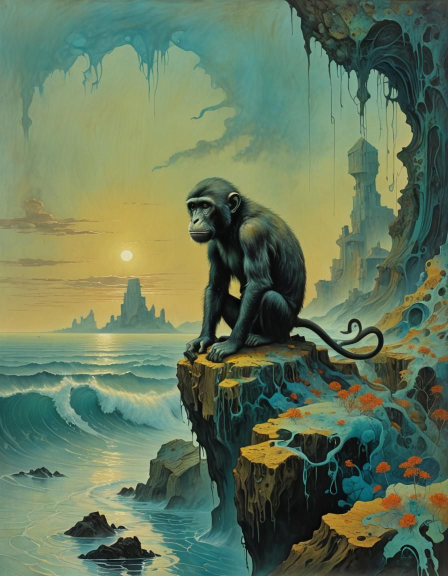 Surreal Monkey Seascape in Bright Gouache Style