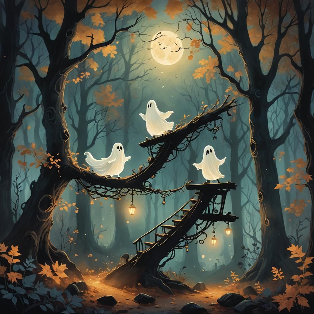 Two Young Ghosts Play in Enchanted Forest