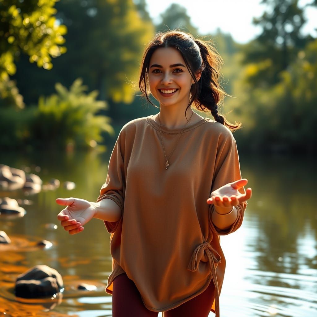 Playful Woman in Whimsical Landscape, in a Dreamy, High-Fant...