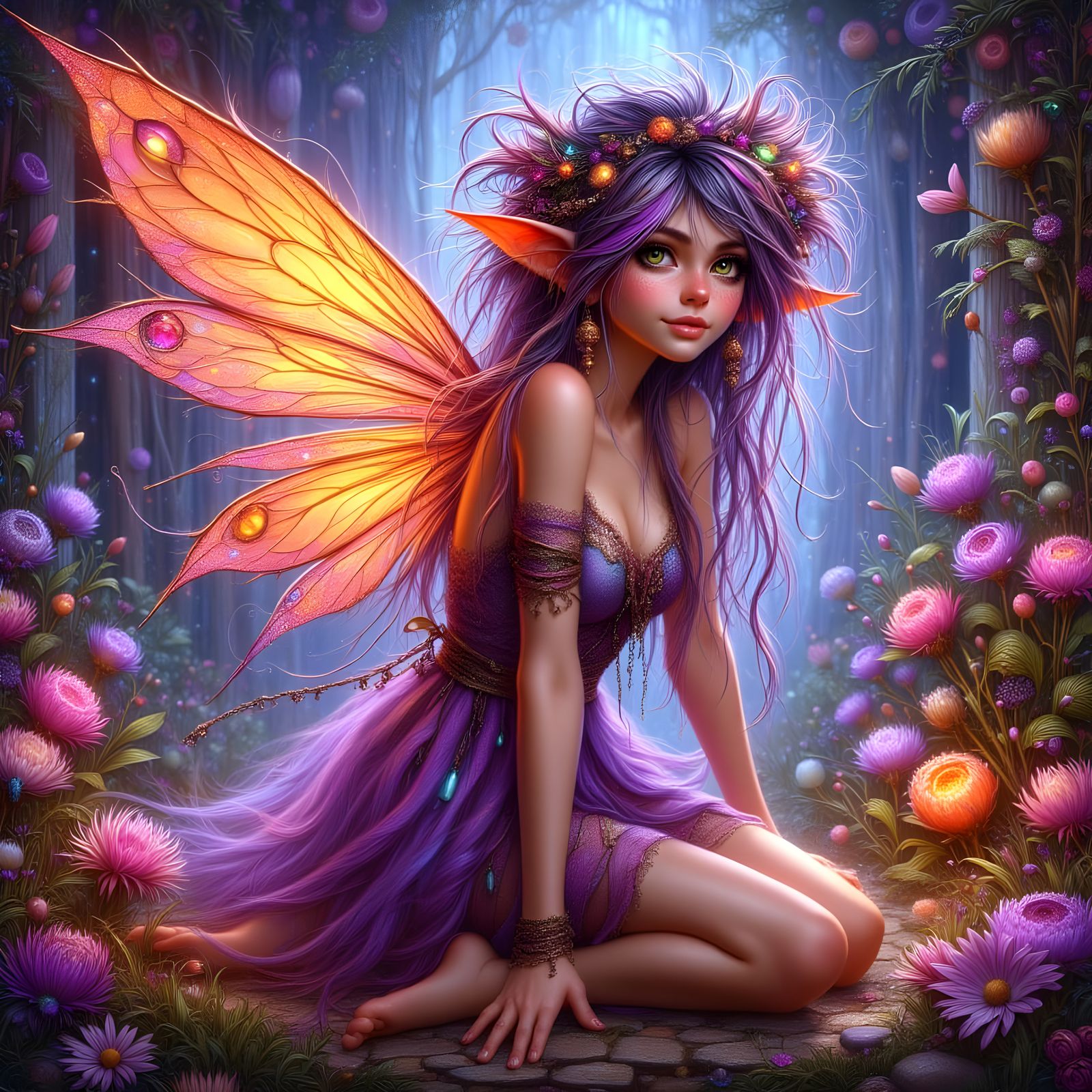 Beautiful Pixie in Orange and Purple Gem Dress