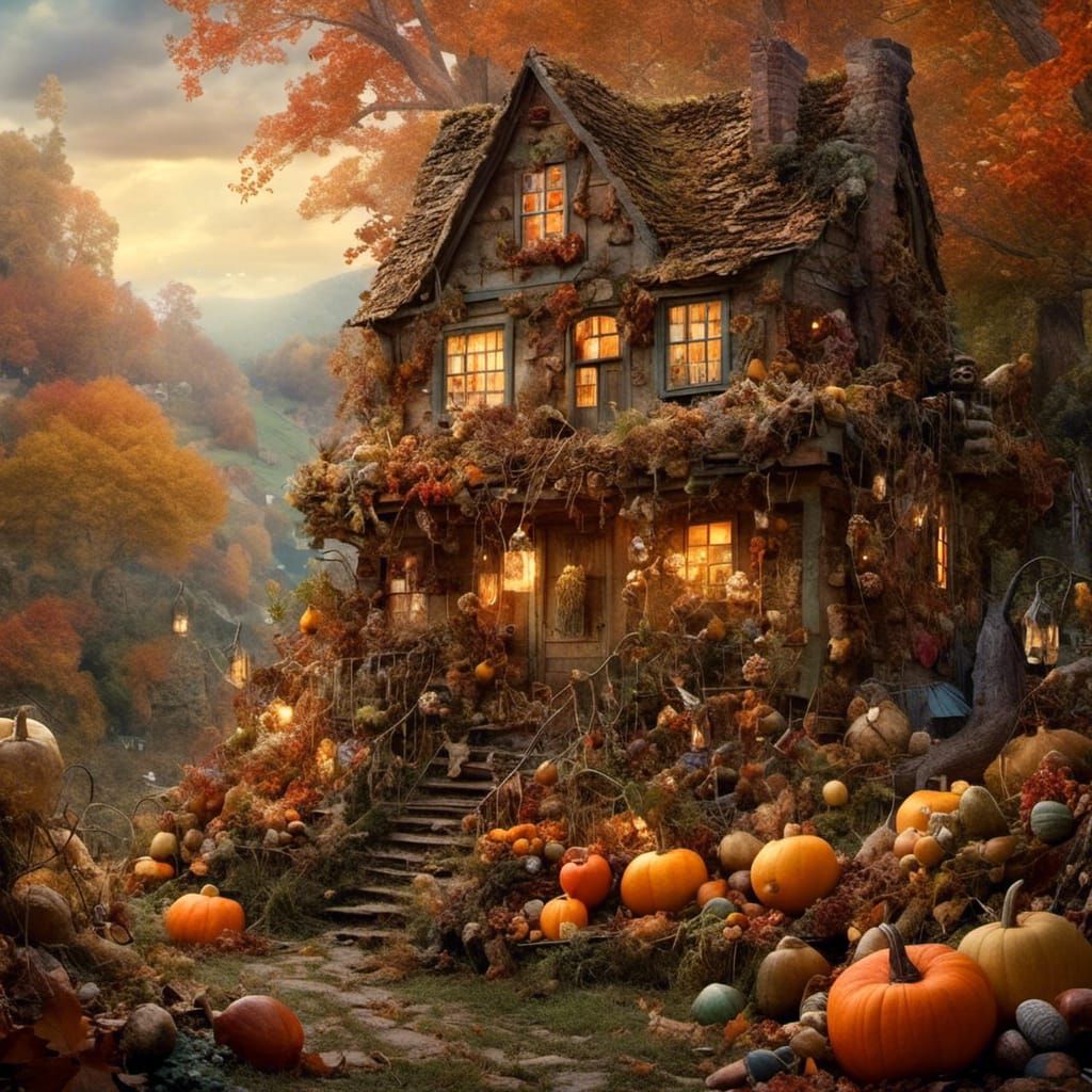 Autumnal Fairy Village Harvest in Hyperreal Style