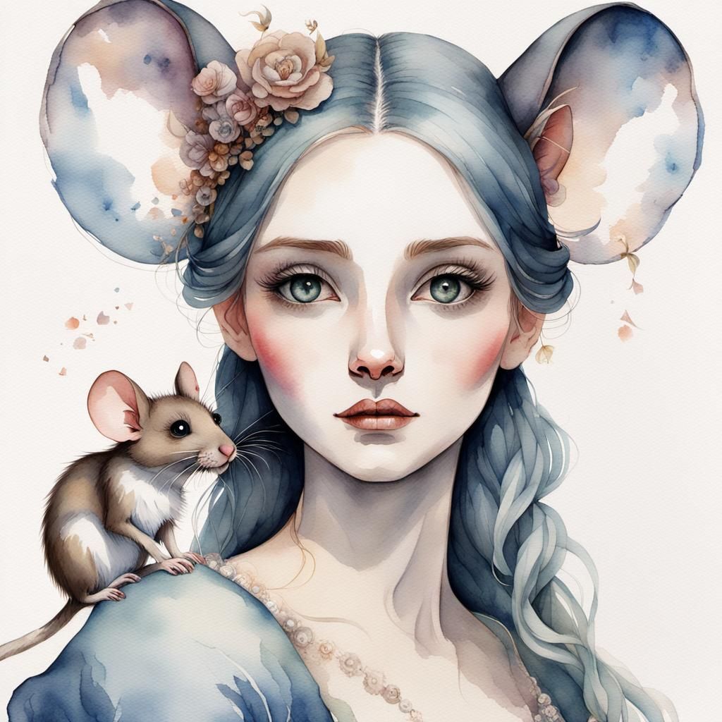 Enchanting Mouse-Girl Portrait in Watercolor