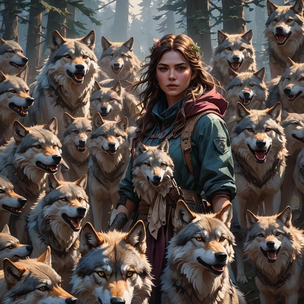 Girl Among Wolves: Hyperdetailed Concept Art Portrait