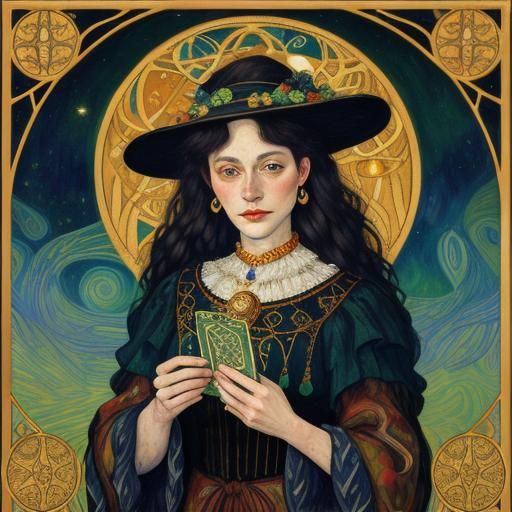 Beautiful Witch Reads Tarot in Klimt-Inspired Art Nouveau St...