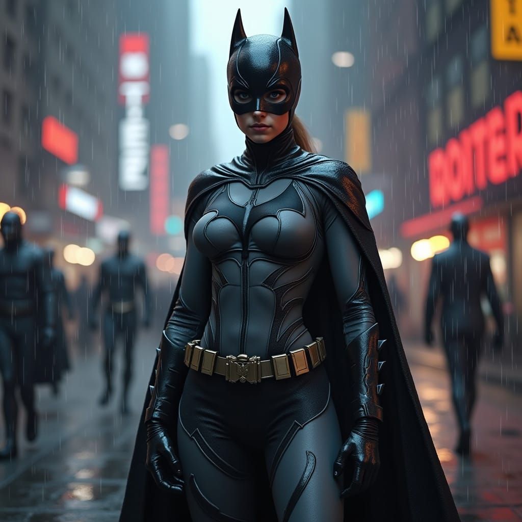 Gritty Gotham City Heroine in Hyperrealistic Batsuit