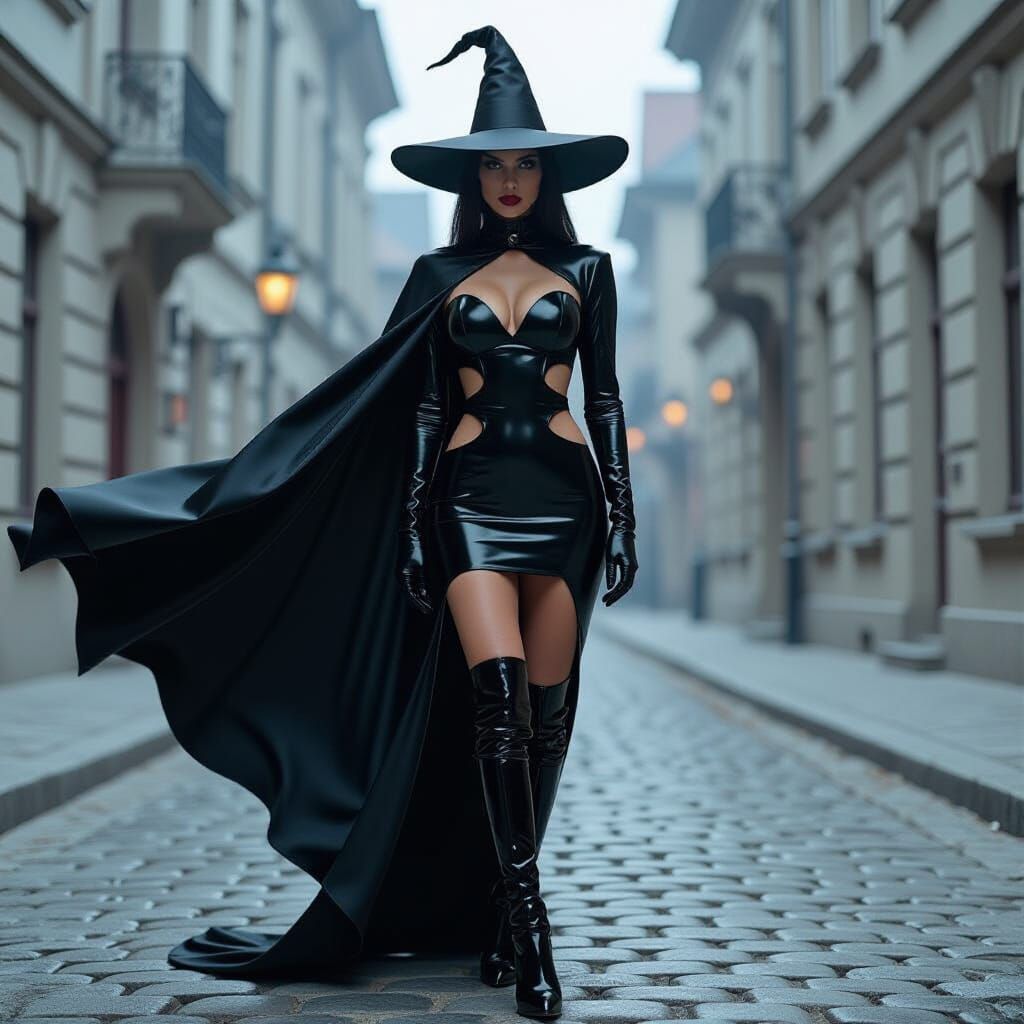 Gothic Witch in Latex Cape on Cobblestone Street